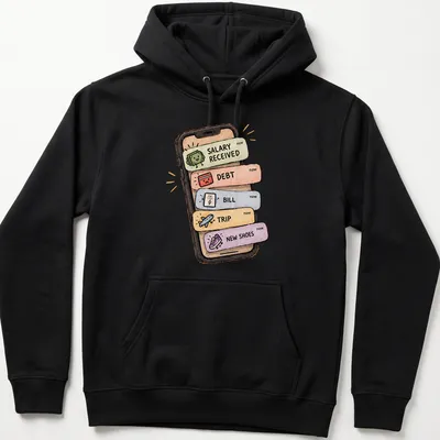 Kawaii illustration of a smartphone with financial labels in pastel colors — printed on a unisex hoodie