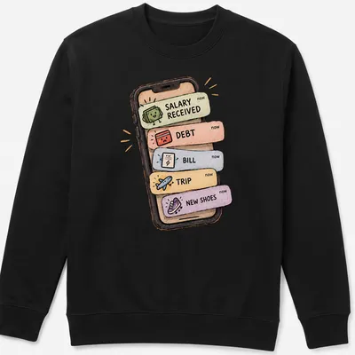 Kawaii illustration of a smartphone with financial labels in pastel colors — printed on a unisex sweatshirt