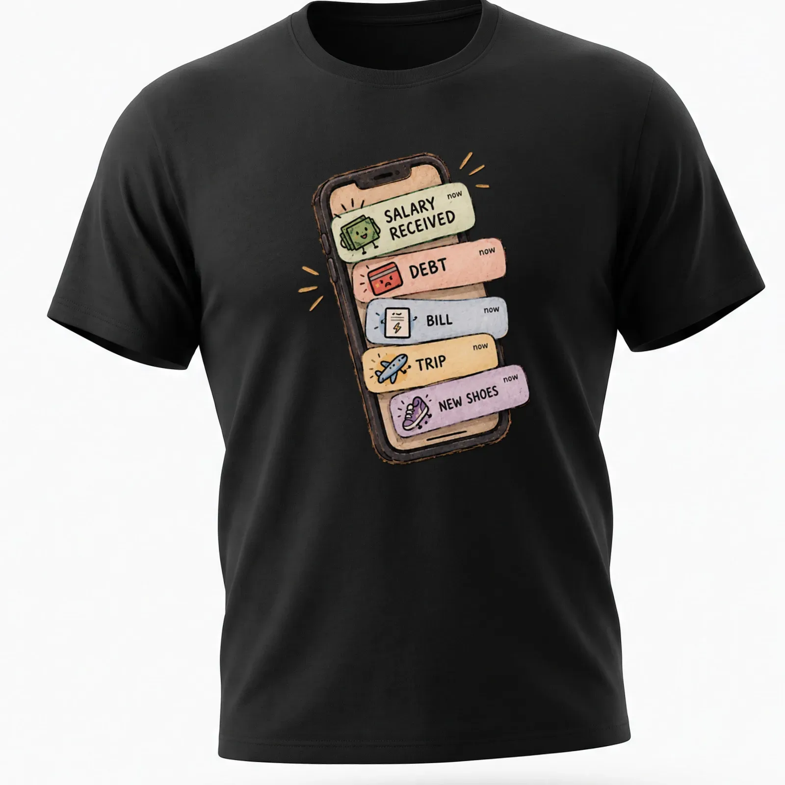 Kawaii illustration of a smartphone with financial labels in pastel colors — printed on a unisex t-shirt
