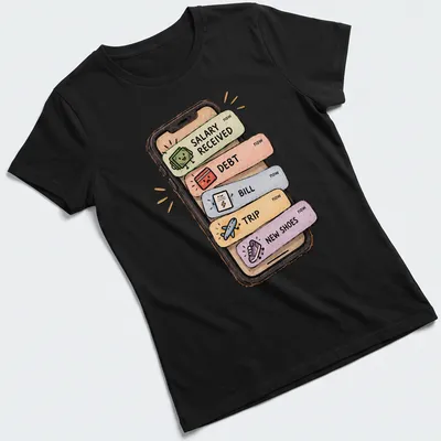 Kawaii illustration of a smartphone with financial labels in pastel colors — printed on a women's shirt