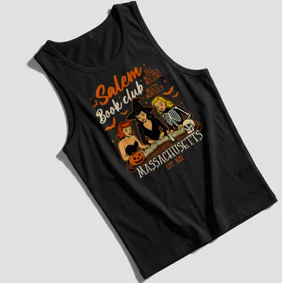 Vintage cartoon design of witches reading books with colorful text — printed on a tank top