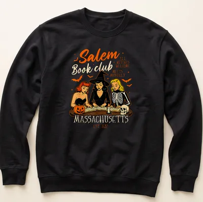 Vintage cartoon design of witches reading books with colorful text — printed on a unisex sweatshirt