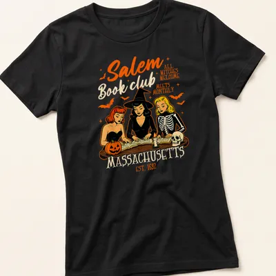 Vintage cartoon design of witches reading books with colorful text — printed on a women's shirt