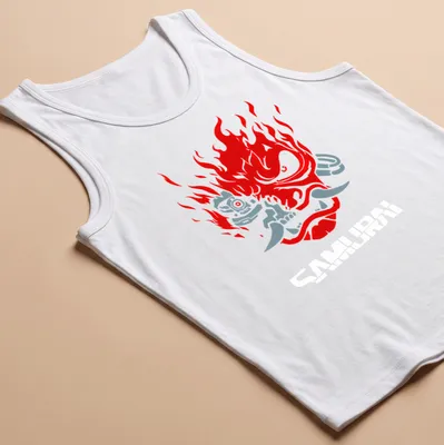 Bold graphic of a samurai mask with flames and the word Samurai in red and grey — printed on a tank top