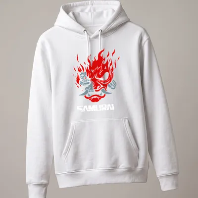 Bold graphic of a samurai mask with flames and the word Samurai in red and grey — printed on a unisex hoodie
