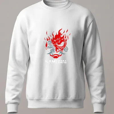 Bold graphic of a samurai mask with flames and the word Samurai in red and grey — printed on a unisex sweatshirt