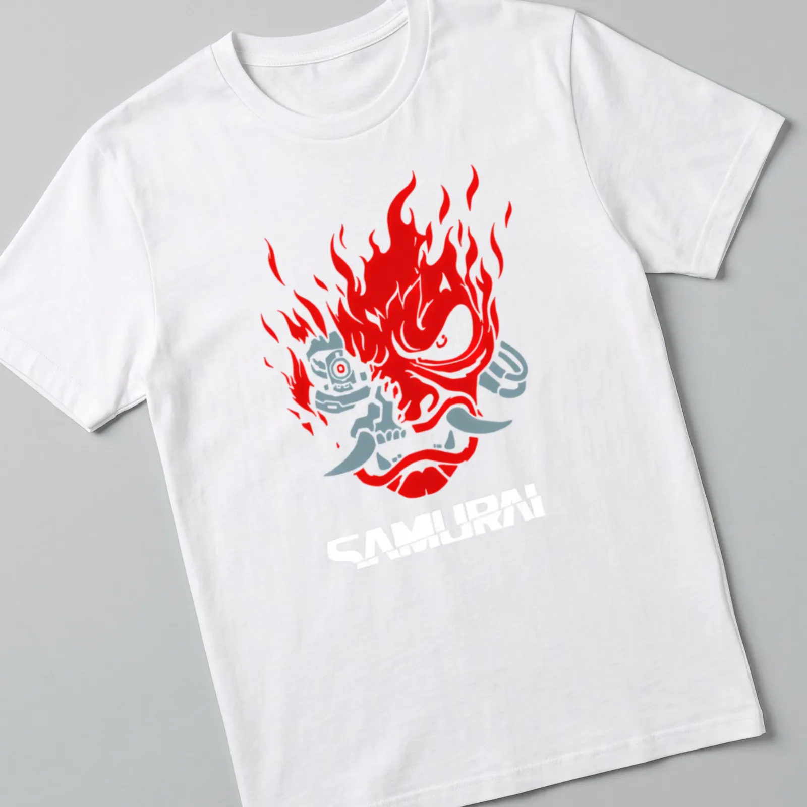 Bold graphic of a samurai mask with flames and the word Samurai in red and grey — printed on a unisex t-shirt