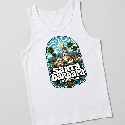 Vintage illustration of Santa Barbara's coast with palm trees and waves — printed on a tank top
