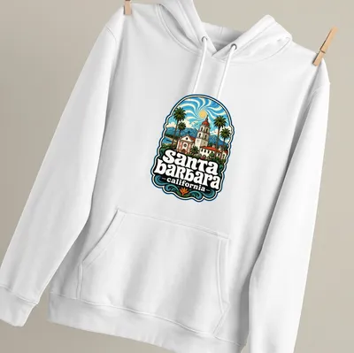 Vintage illustration of Santa Barbara's coast with palm trees and waves — printed on a unisex hoodie
