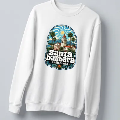 Vintage illustration of Santa Barbara's coast with palm trees and waves — printed on a unisex sweatshirt