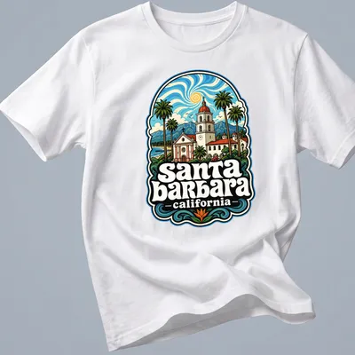 Vintage illustration of Santa Barbara's coast with palm trees and waves