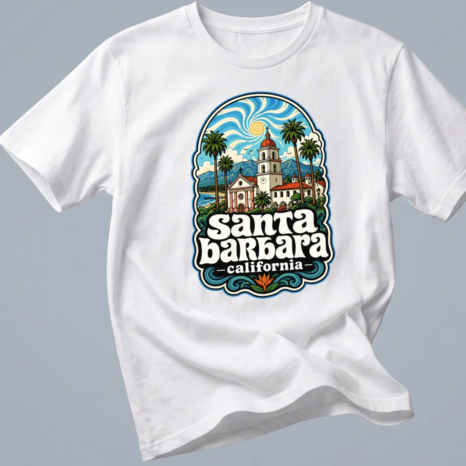 Vintage illustration of Santa Barbara's coast with palm trees and waves — printed on a unisex t-shirt