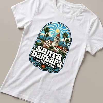 Vintage illustration of Santa Barbara's coast with palm trees and waves — printed on a women's shirt