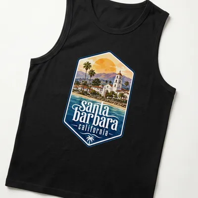 Watercolor print of Santa Barbara California with vibrant landscape colors — printed on a tank top