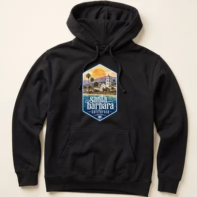 Watercolor print of Santa Barbara California with vibrant landscape colors — printed on a unisex hoodie