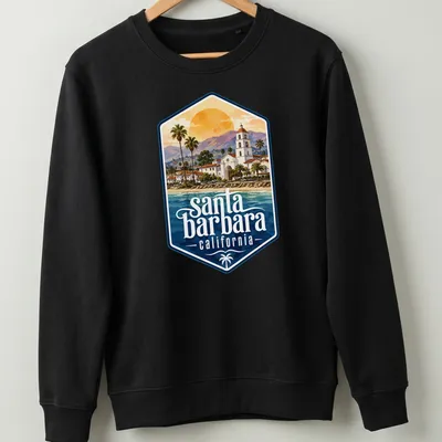 Watercolor print of Santa Barbara California with vibrant landscape colors — printed on a unisex sweatshirt