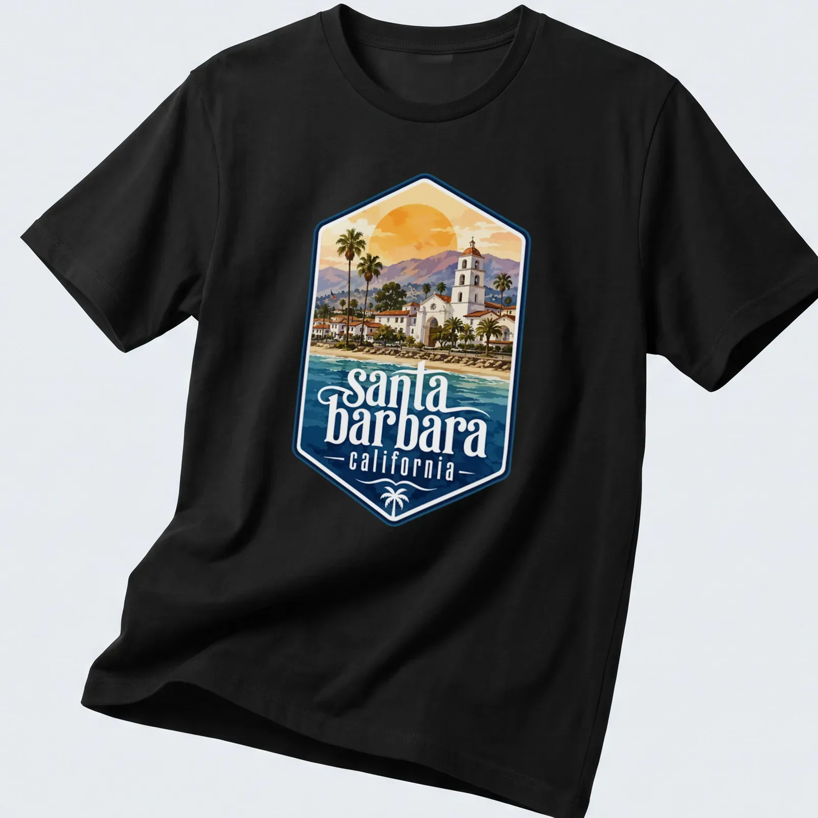 Watercolor print of Santa Barbara California with vibrant landscape colors — printed on a unisex t-shirt