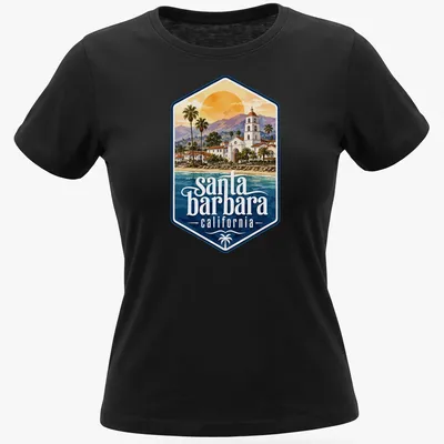 Watercolor print of Santa Barbara California with vibrant landscape colors — printed on a women's shirt