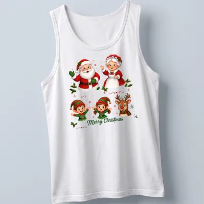 Cute cartoon design of Santa, Mrs. Claus, elves, and reindeer with Merry Christmas text — printed on a tank top