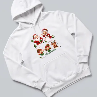 Cute cartoon design of Santa, Mrs. Claus, elves, and reindeer with Merry Christmas text — printed on a unisex hoodie