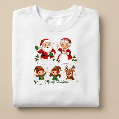 Cute cartoon design of Santa, Mrs. Claus, elves, and reindeer with Merry Christmas text — printed on a unisex sweatshirt