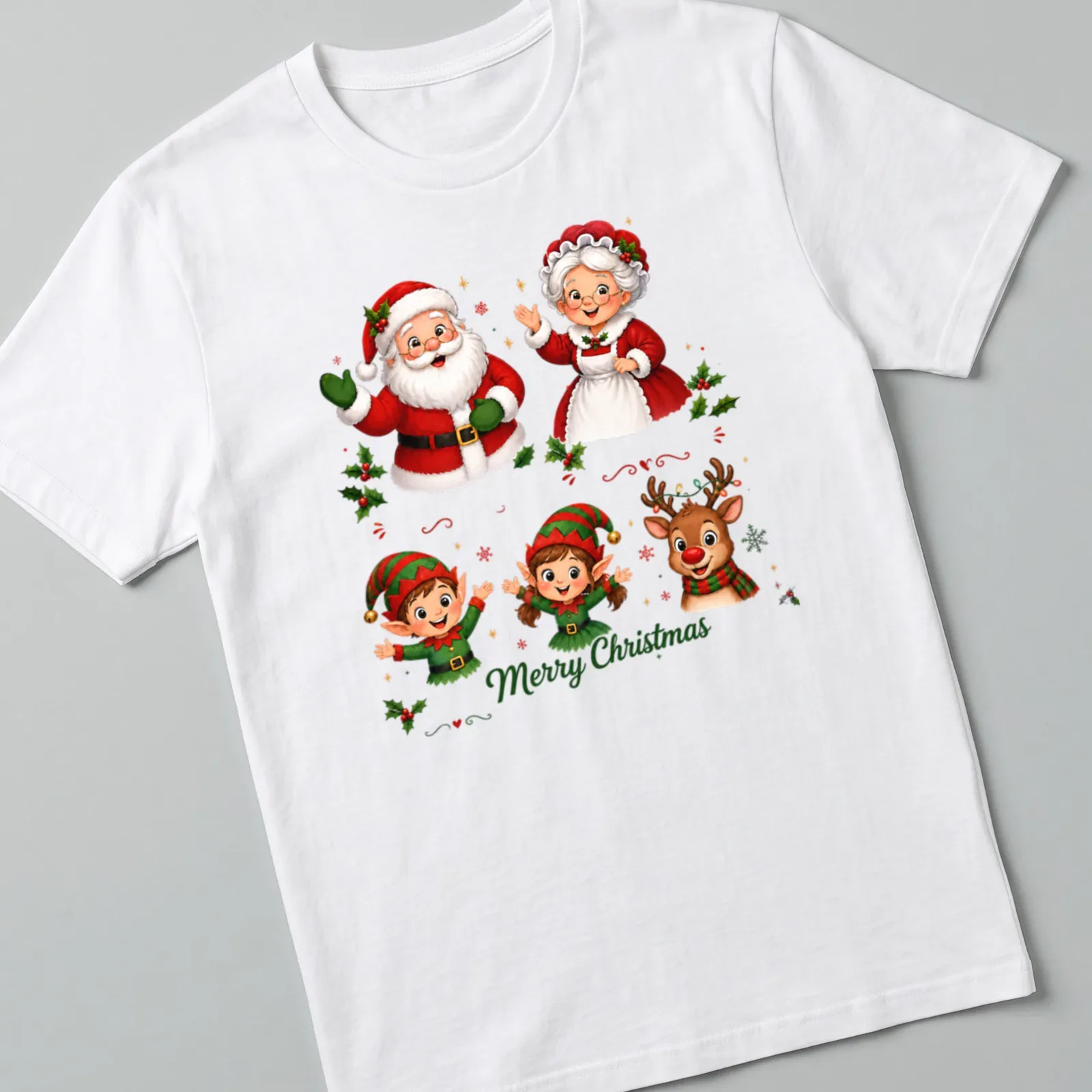 Cute cartoon design of Santa, Mrs. Claus, elves, and reindeer with Merry Christmas text — printed on a unisex t-shirt