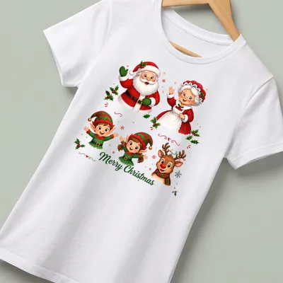Cute cartoon design of Santa, Mrs. Claus, elves, and reindeer with Merry Christmas text — printed on a women's shirt