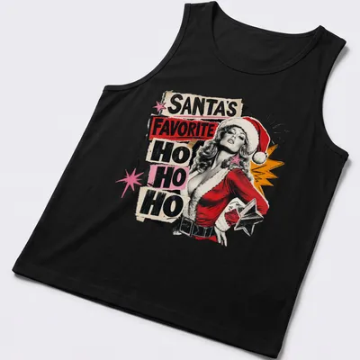 Retro vintage pinup girl in Santa hat with holiday text design — printed on a tank top