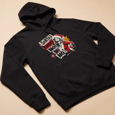 Retro vintage pinup girl in Santa hat with holiday text design — printed on a unisex hoodie
