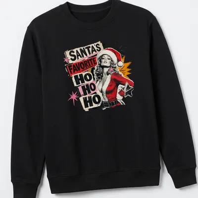Retro vintage pinup girl in Santa hat with holiday text design — printed on a unisex sweatshirt