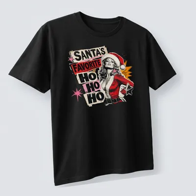 Retro vintage pinup girl in Santa hat with holiday text design — printed on a unisex t-shirt (angled view)