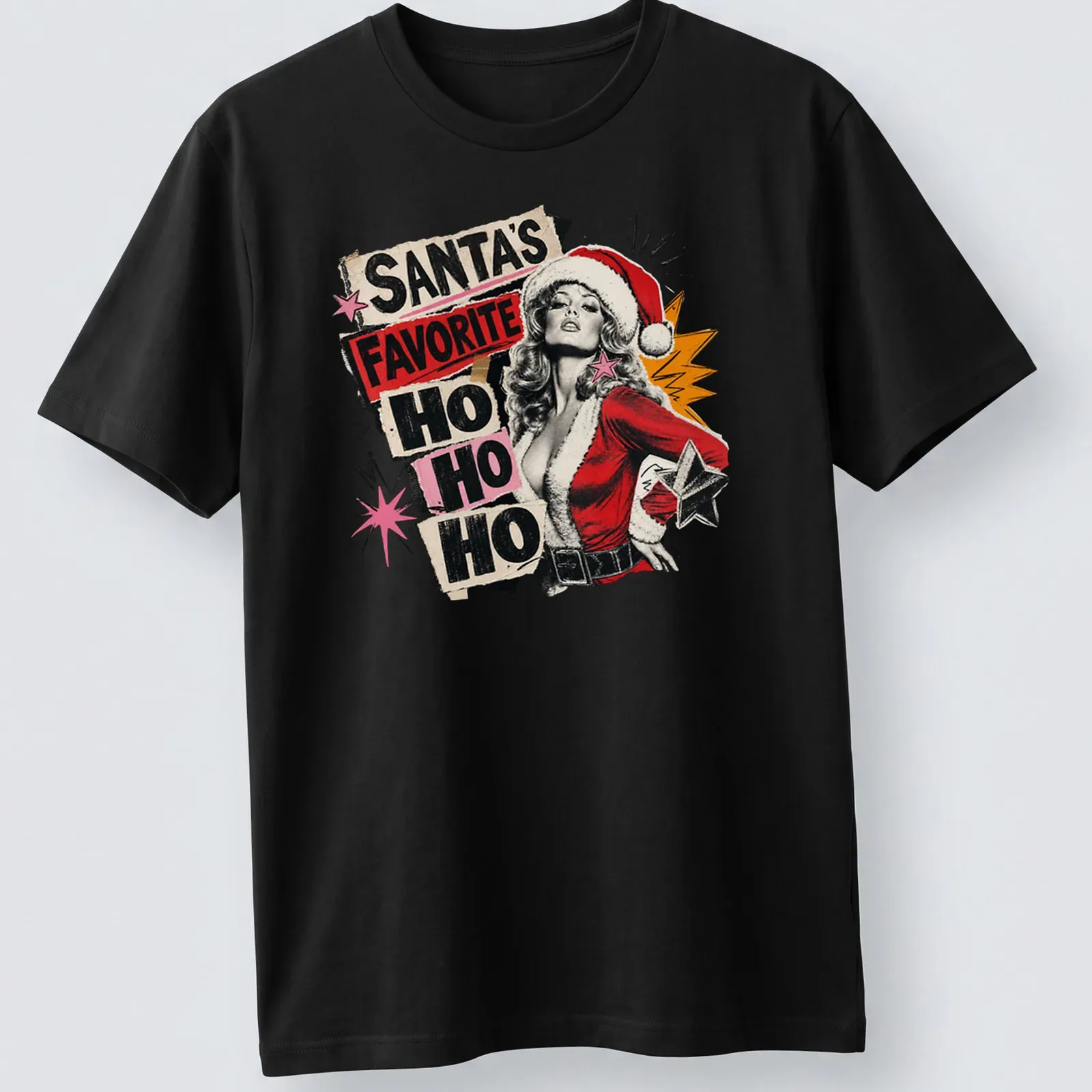 Retro vintage pinup girl in Santa hat with holiday text design — printed on a unisex t-shirt