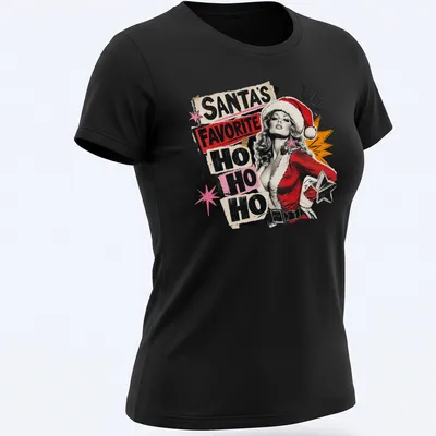 Retro vintage pinup girl in Santa hat with holiday text design — printed on a women's shirt