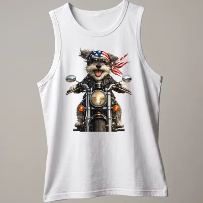 Realistic illustration of a Schnauzer dog riding a motorcycle in red, white, and blue — printed on a tank top