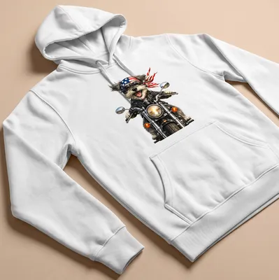 Realistic illustration of a Schnauzer dog riding a motorcycle in red, white, and blue — printed on a unisex hoodie