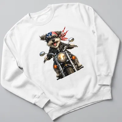 Realistic illustration of a Schnauzer dog riding a motorcycle in red, white, and blue — printed on a unisex sweatshirt