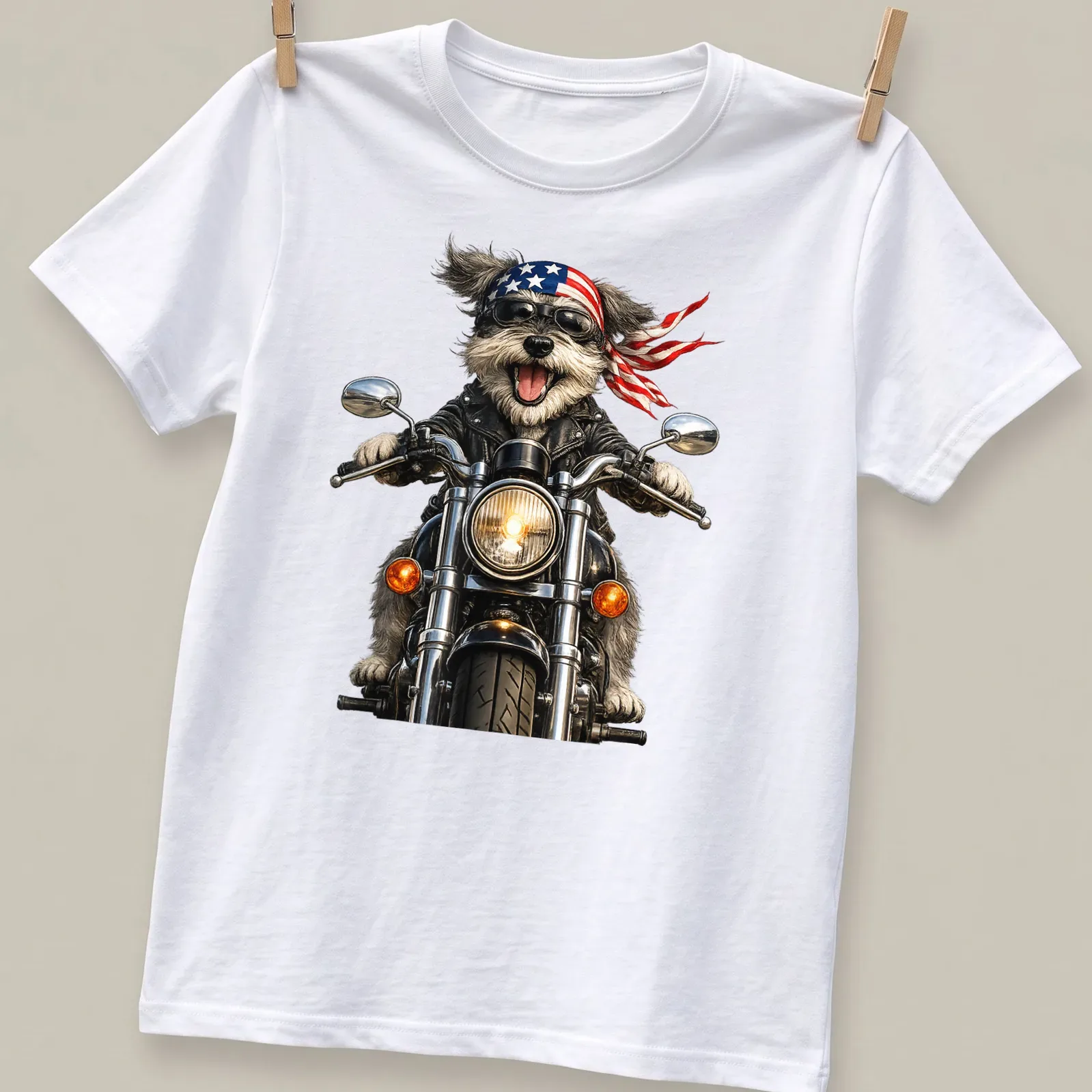 Realistic illustration of a Schnauzer dog riding a motorcycle in red, white, and blue — printed on a unisex t-shirt