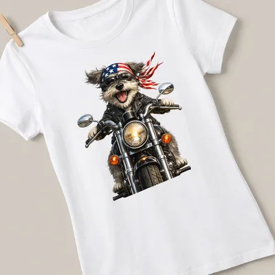 Realistic illustration of a Schnauzer dog riding a motorcycle in red, white, and blue — printed on a women's shirt
