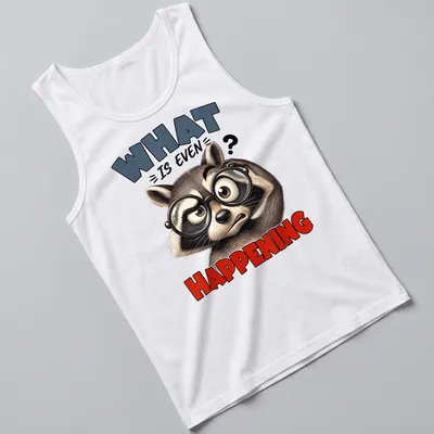 Cartoon raccoon screaming with colorful text 'What Is Even Happening' — printed on a tank top