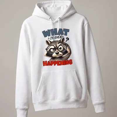 Cartoon raccoon screaming with colorful text 'What Is Even Happening' — printed on a unisex hoodie