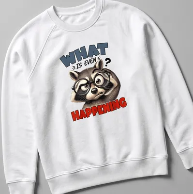 Cartoon raccoon screaming with colorful text 'What Is Even Happening' — printed on a unisex sweatshirt