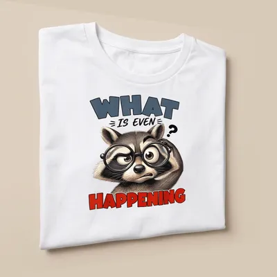 Cartoon raccoon screaming with colorful text 'What Is Even Happening' — printed on a unisex t-shirt (angled view)