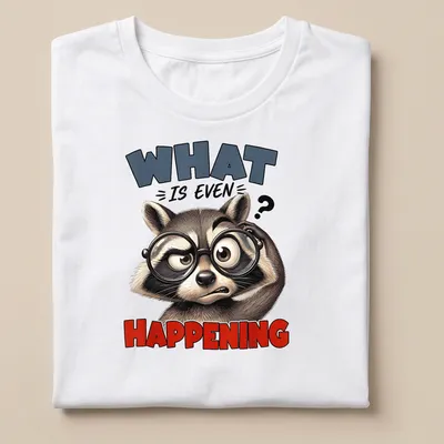 Cartoon raccoon screaming with colorful text 'What Is Even Happening'