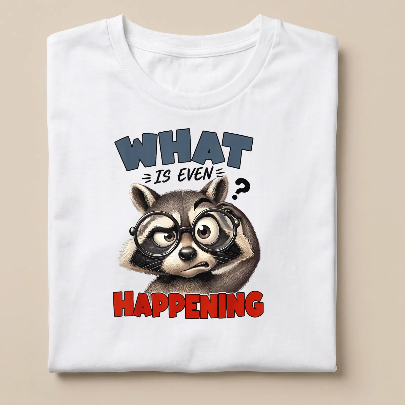 Cartoon raccoon screaming with colorful text 'What Is Even Happening' — printed on a unisex t-shirt