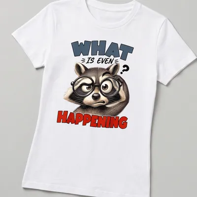 Cartoon raccoon screaming with colorful text 'What Is Even Happening' — printed on a women's shirt