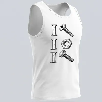 Vintage design featuring a screw, nut, and bolt with I I I text — printed on a tank top