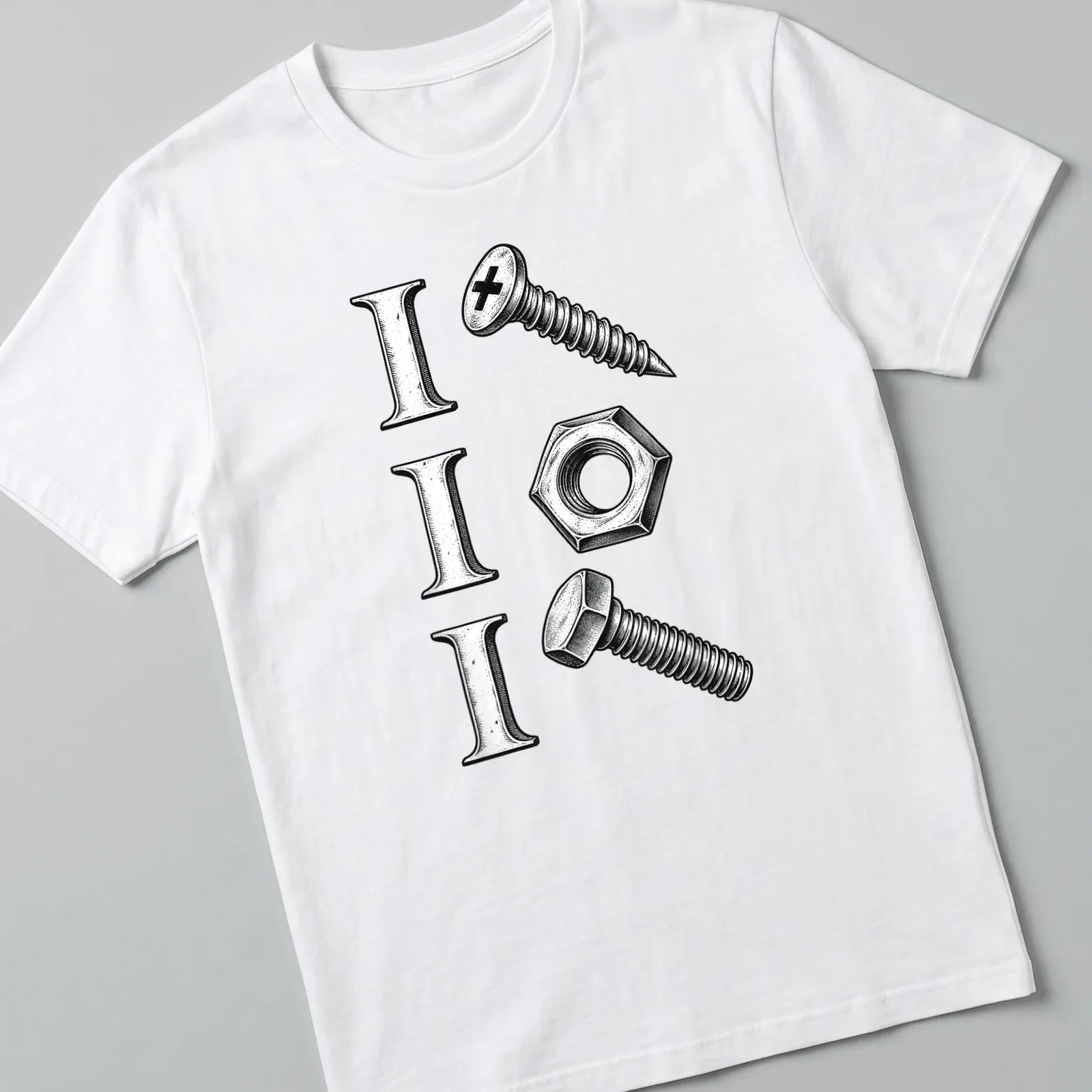 Vintage design featuring a screw, nut, and bolt with I I I text — printed on a unisex t-shirt
