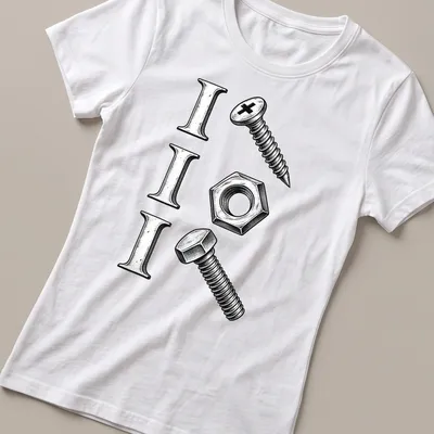 Vintage design featuring a screw, nut, and bolt with I I I text — printed on a women's shirt