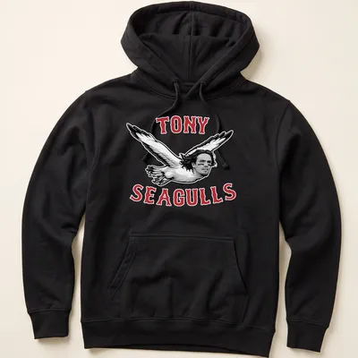 Bold graphic tee featuring seagulls with a man's face and playful slogan — printed on a unisex hoodie