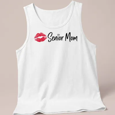 Modern script t-shirt with 'Senior Mom' text in red and black. — printed on a tank top